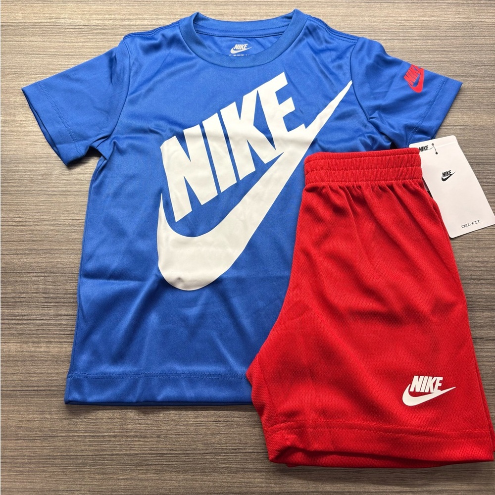 Toddler Boy 4T Nike Dri-Fit Shirt & Short 2 Piece Set Red Blue White Swoosh -NEW
